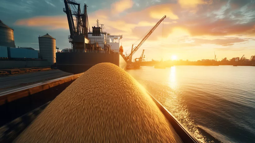 Bulk carrier unloading massive quantities of grain at industrial